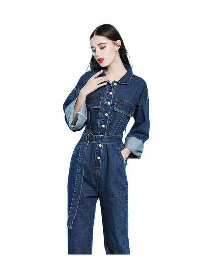 Dilara - Denim blauwe jumpsuit met lange mouwen en elastiek in de taille