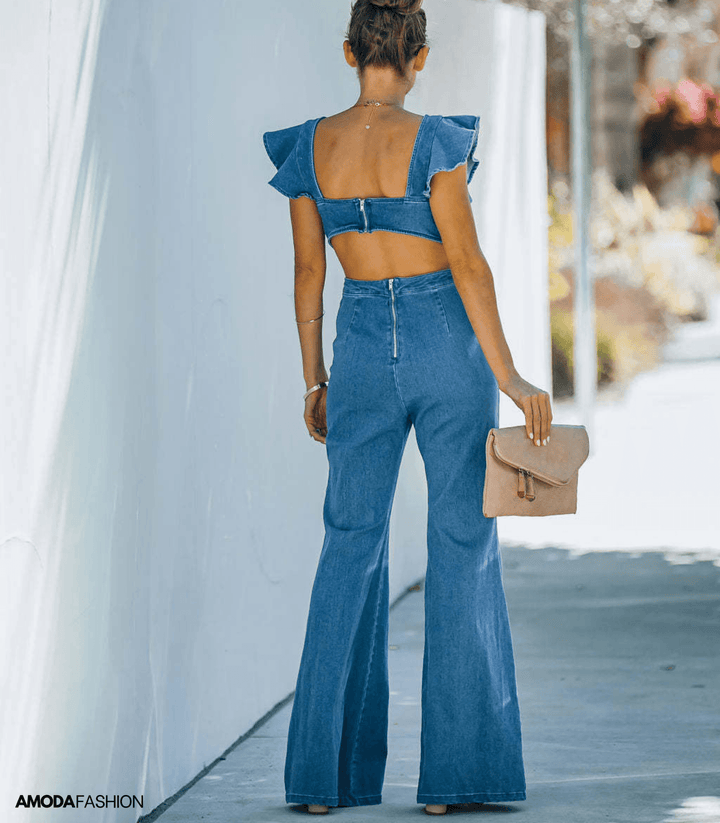 Hendrika - High-end denim jumpsuits met uitlopende mouwen