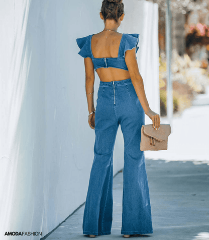 Hendrika - High-end denim jumpsuits met uitlopende mouwen