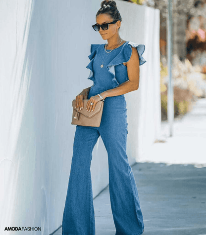 Hendrika - High-end denim jumpsuits met uitlopende mouwen